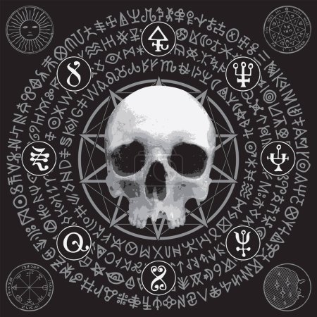 Ilustración de Vector illustration with people skull, pentagram, occult and witchcraft signs. The symbol of Satanism Baphomet and magic runes written in a circle. - Imagen libre de derechos