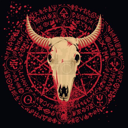 Ilustración de Vector illustration with a horned cow skull, pentagram, occult and witchcraft signs. The symbol of Satanism Baphomet and magic runes written in a circle. blood stains and splashes - Imagen libre de derechos