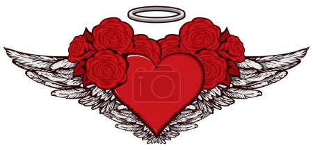 Illustration for Flying heart angel. Vector graphic illustration of a red heart with wings and red roses isolated and halo. Suitable for Valentine card, sticker, t-shirt design, tattoo, design element - Royalty Free Image