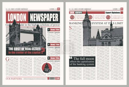Illustration for Vector London city newspaper layout with headlines, foto with westminster palace, Tower Bridge. News column articles and daily advertising construction. Newsprint design or magazine page template - Royalty Free Image