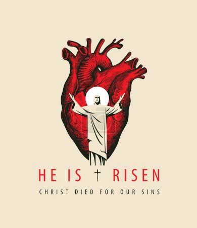 Illustration for Easter banner or greeting card with the resurrected Jesus Christ with outstretched arms and human bloody heart. Religious vector illustration with the words He is risen, Celebrate the Resurrection - Royalty Free Image