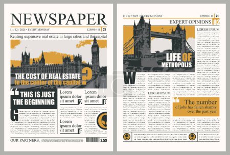 Illustration for Vector London city newspaper layout with headlines, foto with westminster palace, Tower Bridge. News column articles and daily advertising construction. Newsprint design or magazine page template - Royalty Free Image