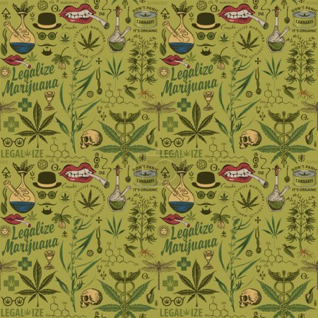 Vektornahtloses Muster im Retro-Stil zum Thema Legalisierung von Marihuana. Farbig wiederholbarer Hintergrund mit Hanfblättern, Cannabispflanzen, anderen Skizzen und Inschriften auf altem Papierhintergrund