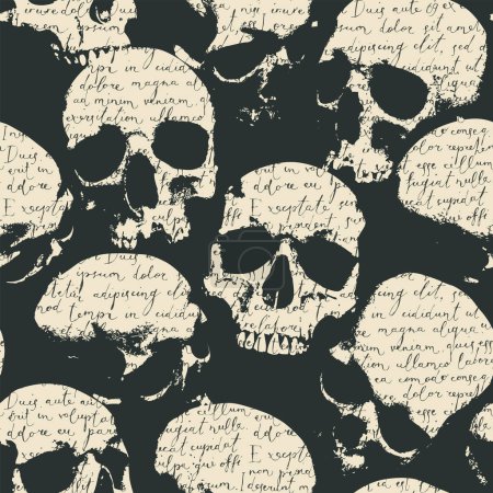 Seamless pattern with human skulls and handwritten text. Vector background with sinister smiling skulls in retro style. Graphic print for clothes, fabric, wallpaper, wrapping paper