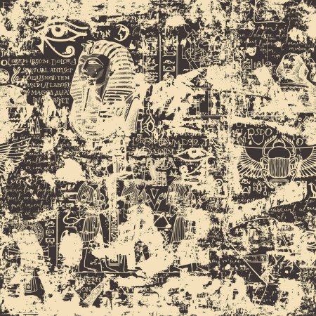 Ilustración de Patrón sin costuras en un tema del Antiguo Egipto con imágenes en color de dioses egipcios y texto manuscrito lorem ipsum. Fondo abstracto vectorial en estilo retro. Fondos de pantalla, papel de regalo, tela - Imagen libre de derechos