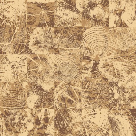 Ilustración de Textura de patrón sin costura abstracta que consta de elementos cuadrados de cortes de sierra de madera y textura de piedra de mar con impresiones de antiguas conchas de amonita en estilo grunge - Imagen libre de derechos
