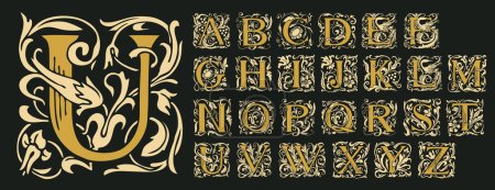 Vintage Alphabet, Vektor-Set handgezeichneter mittelalterlicher, kunstvoller Anfangsbuchstaben. Luxuriöses Design der schönen königlichen Schrift für Karte, Einladung, Monogramm, Etikett, Logo
