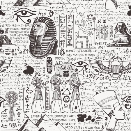 Seamless pattern on an Ancient Egypt theme with images of Egyptian gods and handwritten text lorem ipsum. Vector abstract background in retro style. Wallpaper, wrapping paper, fabric