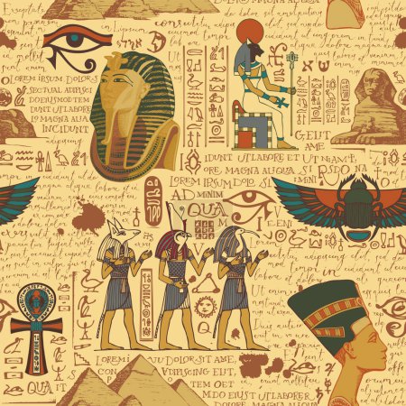 Nahtloses Muster auf einem altägyptischen Thema mit Farbbildern ägyptischer Götter und handgeschriebenem Text lorem ipsum. Vektor abstrakten Hintergrund im Retro-Stil. Tapete, Geschenkpapier, Stoff