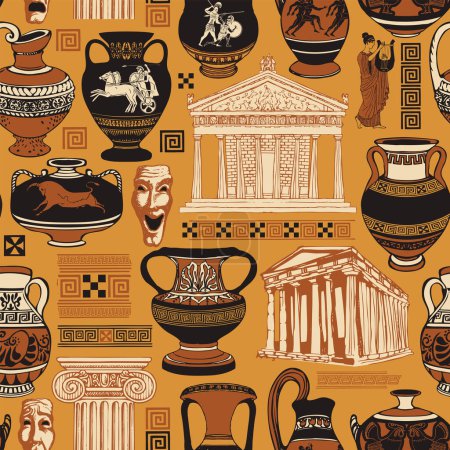 Illustration for Vector seamless pattern on the theme of Ancient Greece with hand-drawn illustrations. Wallpaper, wrapping paper or fabric with ancient Greek amphorae, culture and architecture symbols - Royalty Free Image