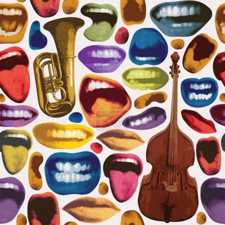 Illustration for Seamless pattern with colored lips that smile and show tongue and white teeth and double bass with trumpet. Bright vector background with laughing, surprised, excited, angry, singing - Royalty Free Image