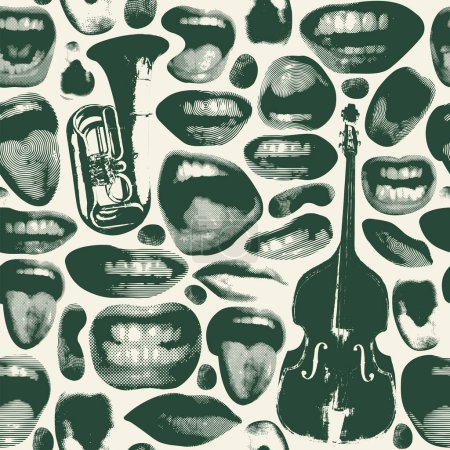 Illustration for Seamless pattern with colored lips that smile and show tongue and white teeth and double bass with trumpet. Bright vector background with laughing, surprised, excited, angry, singing - Royalty Free Image
