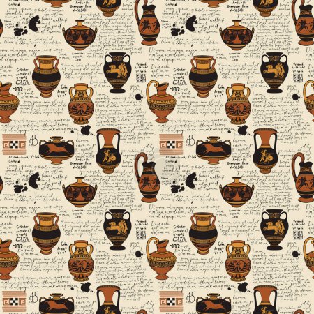 Illustration for Vector vintage seamless pattern or wallpaper on the theme of ancient Greece. Manuscript with sketches antique amphoras and jugs with ornaments, handwritten texts Lorem Ipsum, blots and spots. - Royalty Free Image