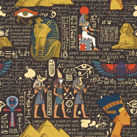 Ilustración de Patrón sin costuras en un tema del Antiguo Egipto con imágenes en color de dioses egipcios y texto manuscrito lorem ipsum. Fondo abstracto vectorial en estilo retro. Fondos de pantalla, papel de regalo, tela - Imagen libre de derechos