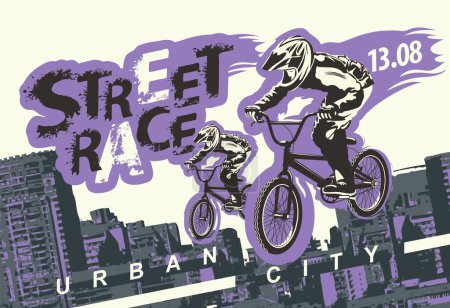 Vektor-Banner oder Flyer mit Radfahrern auf den Fahrrädern und Wörtern Straßenrennen, Extremsport auf städtischem Hintergrund. Plakat für Straßenradrennen, Fahrradclub, Extremsport im modernen Stil