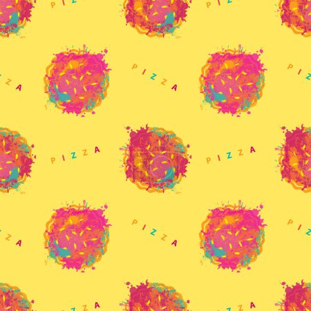 Illustration for Seamless pattern texture on the theme of pizzeria. Creative illustration with abstract image of pizza in the form of colorful stains and splashes on the yellow background - Royalty Free Image