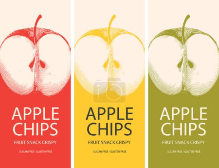 Illustration for Set vector label packaging for apple chips with realistic drawing of apple - Royalty Free Image