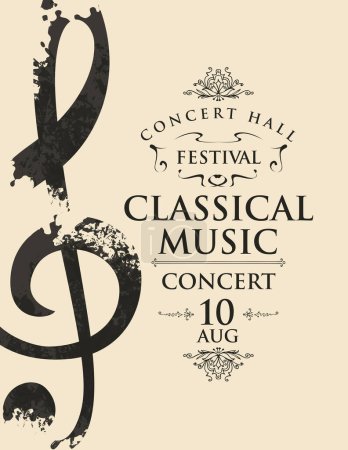 Plakat für ein Live-Konzert klassischer Musik. Vektor-Banner, Flyer, Einladung, Ticket oder Werbebanner mit einem abstrakten Notenschlüssel in Form von hellen Farbflecken