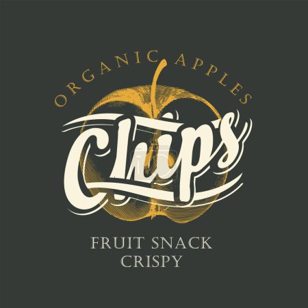 Illustration for Vector label banner packaging for apple chips with realistic drawing of half an apple with the logo writing the word chips - Royalty Free Image