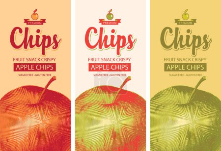 Illustration for Set vector label packaging for apple chips with realistic drawing of apple - Royalty Free Image