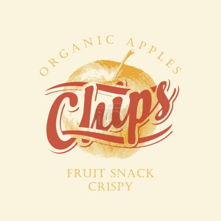 Illustration for Vector label banner packaging for apple chips with realistic drawing of apple with the logo writing the word chips - Royalty Free Image