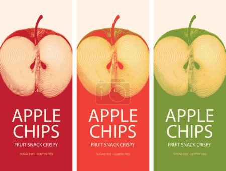Illustration for Set vector label packaging for apple chips with realistic drawing of half an apple - Royalty Free Image