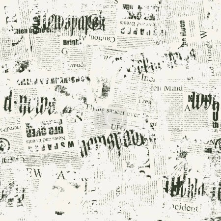Illustration for Abstract seamless pattern with chaotic layering of newspaper text, illustrations, headlines on a light backdrop. Creative vector background in grunge style. Wallpaper, wrapping paper or fabric design - Royalty Free Image