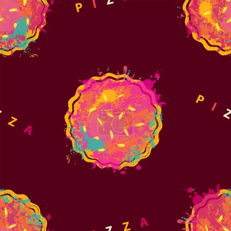 Illustration for Seamless pattern texture on the theme of pizzeria. Creative illustration with abstract image of pizza in the form of colorful stains and splashes on the brown background - Royalty Free Image