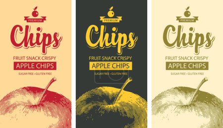Ilustración de Set vector etiqueta embalaje para chips de manzana con dibujo realista de manzana - Imagen libre de derechos