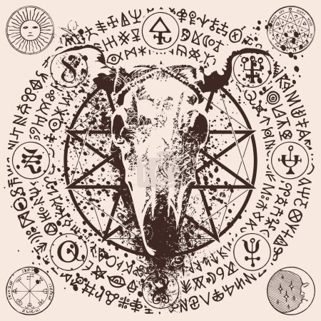 Ilustración de Ilustración vectorial con cráneo de vaca o toro, pentagrama, signos ocultistas y de brujería. El símbolo del Satanismo Baphomet y las runas mágicas escritas en círculo. manchas y salpicaduras negras - Imagen libre de derechos