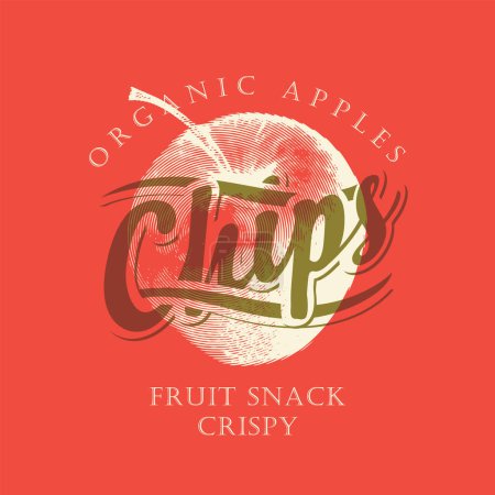 Illustration for Vector label banner packaging for apple chips with realistic drawing of apple with the logo writing the word chips - Royalty Free Image