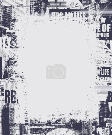 Illustration for Abstract frame background with chaotic layering of newspaper text, illustrations modern city, headlines and a place for an inscription on black background. Creative vector background in grunge style - Royalty Free Image