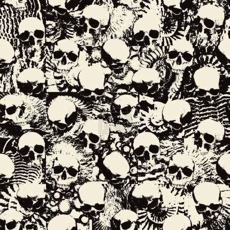 Seamless pattern with sinister human skulls against the background of the texture of stones, shells, ammonites. Monochrome vector background with realistic skulls and paint spots in grunge style.