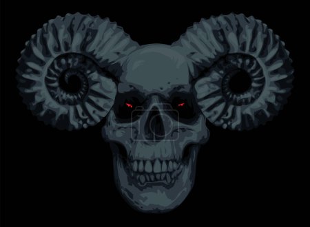 Vector illustration with human skull with horns ram in grunge style. The symbol of Satanism Baphomet