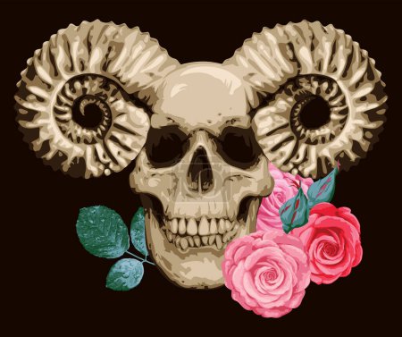crâne humain avec cornes de bélier et fleurs roses. Le symbole du satanisme Baphomet
