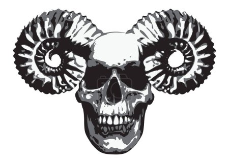 Ilustración vectorial con cráneo humano con cuernos en estilo grunge. El símbolo del Satanismo Baphomet