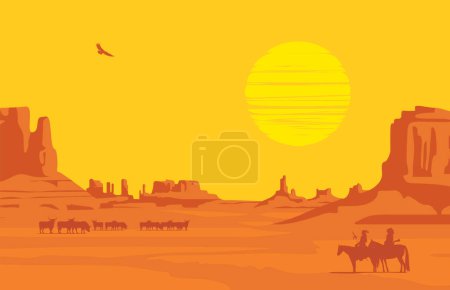 Vektorwestliche Landschaft bei orangefarbenem Sonnenuntergang mit Silhouetten von Indianern zu Pferd und Büffelherden in den wilden amerikanischen Prärien. Dekorative Illustration, Wild-West-Hintergrund