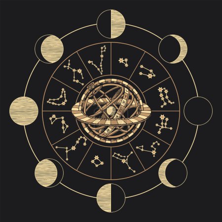 Téléchargez les illustrations : Cercle vectoriel des signes du zodiaque avec constellations, phases de lune et système géocentrique ptolémaïque sur fond noir. Illustration dessinée à la main dans un style vintage sur un thème astrologique - en licence libre de droit