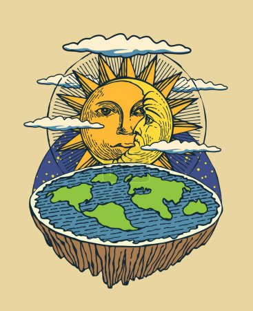 Hand-drawn banner with flat Earth in space with the Sun and Moon. Old Vision of Planet and solar system. Alternative theory of flat earth. Colored vector illustration in cartoon style.