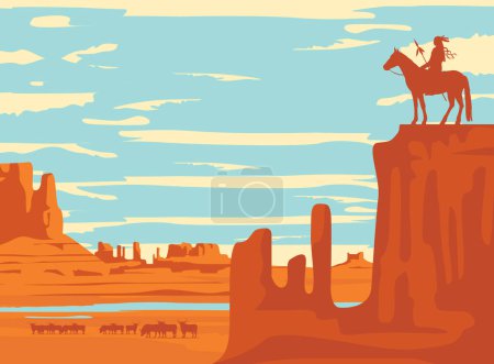 Vector Western landscape with silhouettes of Indian on horseback and buffalo herd at the wild American prairies. Decorative illustration, Wild West vintage background