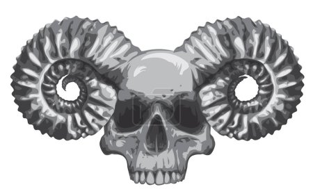 Illustration vectorielle avec crâne humain avec cornes bélier en style grunge. Le symbole du satanisme Baphomet