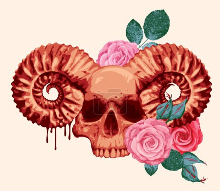 menschlicher Schädel mit Widderhörnern und Rosenblüten
