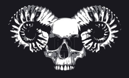 Illustration vectorielle avec crâne humain avec cornes bélier en style grunge. Le symbole du satanisme Baphomet