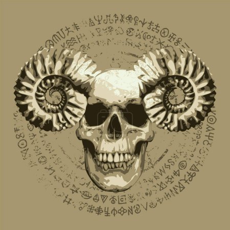 Vektorillustration mit menschlichem Schädel mit Hörnern, Rammbock, Pentagramm, Okkult- und Hexereizeichen im Grunge-Stil. Das Symbol des Satanismus Baphomet und magische Runen in einem Kreis geschrieben.