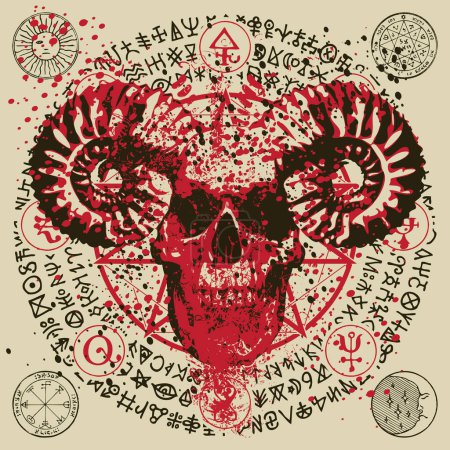 Vektorillustration mit Menschenschädel mit Hörnern, Blutflecken, Pentagramm, Okkult- und Hexereizeichen im Grunge-Stil. Das Symbol des Satanismus Baphomet und magische Runen in einem Kreis geschrieben