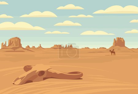 Vector Western landscape with silhouette of Indian on horseback and bull skull at the wild American prairies. Decorative illustration, Wild West vintage background