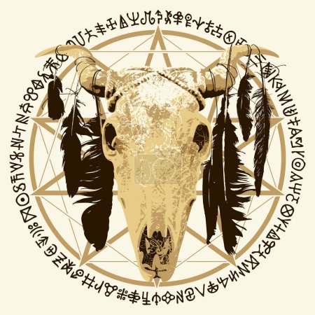Vektorillustration mit einer gehörnten Kuh oder einem Stierschädel mit Vogelfedern, Pentagramm, okkulten und hexerischen Zeichen. Das Symbol des Satanismus Baphomet und magische Runen in einem Kreis geschrieben