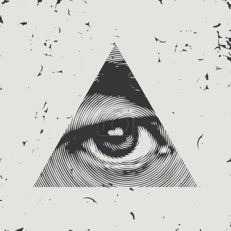 The eye of Providence in a triangular pyramid. Monochrome icon of the Masonic sign of the All-Seeing Eye of God. Vector banner in vintage style