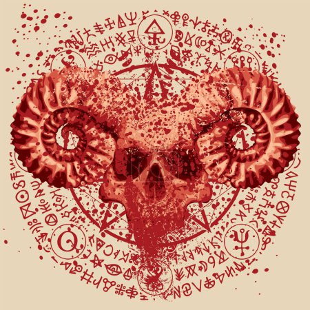 Vektorillustration mit Menschenschädel mit Hörnern, Blutflecken, Pentagramm, Okkult- und Hexereizeichen im Grunge-Stil. Das Symbol des Satanismus Baphomet und magische Runen in einem Kreis geschrieben