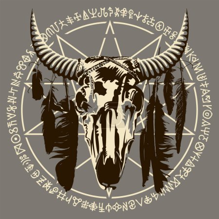 Ilustración vectorial con cráneo de vaca o toro con plumas de cuervo, pentagrama, signos ocultistas y de brujería. El símbolo del Satanismo Baphomet y las runas mágicas escritas en círculo